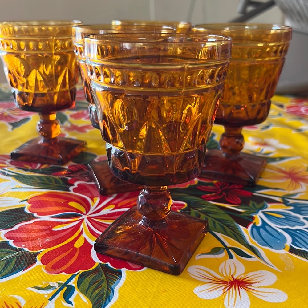 Vintage Amber Colored Glass Colony Park Lane Pattern Cordial Glasses
